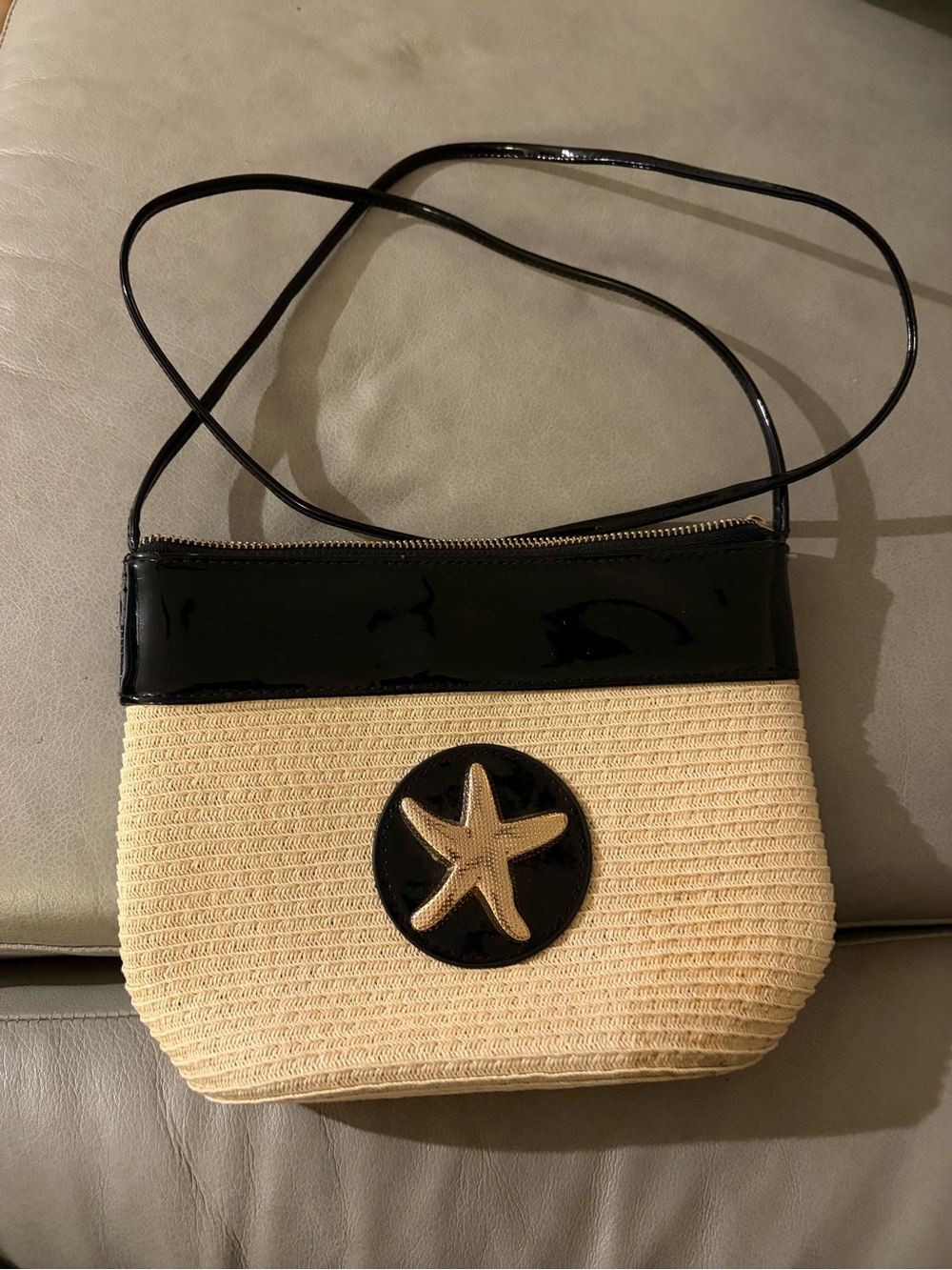 Straw and Black Patent Crossbody Bag with Starfish Accent